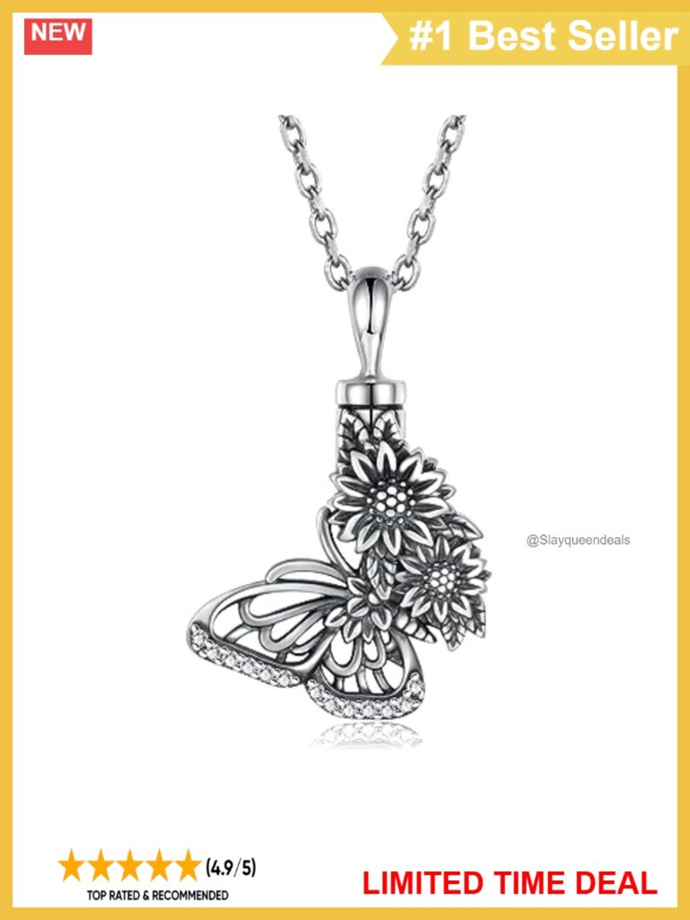 S925 Sterling Silver Butterfly Sunflower Urn Necklace Ashes Keepsake Memorial